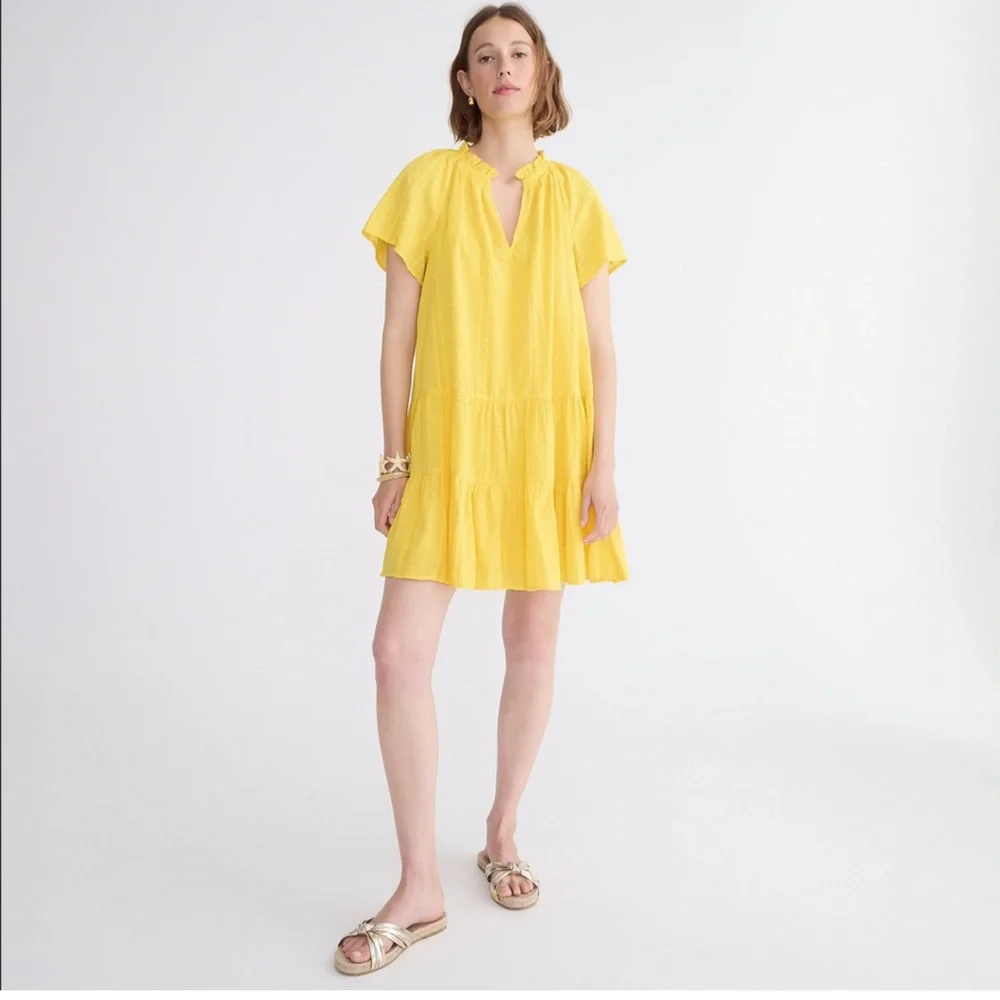 J Crew NWT Ruffle trim yellow tiered dress cotton size medium - Picture 2 of 4
